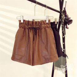 2019 Spring New Korean Style Female Sexy Leather Shorts High Waist Loose Wide Leg Short Femme Elastic Waist Belt Free Shipping