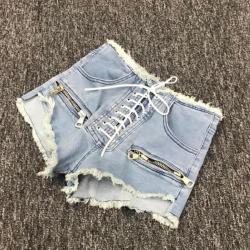 2019 summer new fashion zipper sexy high waist shorts female blue black grey college style lace up Korean denim shorts L215