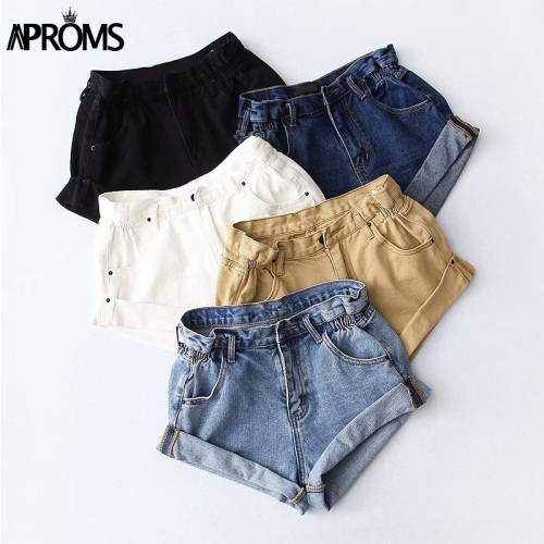 Aproms Casual Blue Denim Shorts Women Sexy High Waist Buttons Pockets Slim Fit Shorts 2019 Summer Beach Streetwear Jeans Shorts