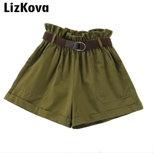 Army Green Shorts 2019 Summer Hot Shorts High Waist Wide Leg Bottoms Korean Fashion Streetwear Solid Color