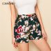 COLROVIE Green Self Tie Floral Print Elastic Waist Boho Summer Shorts Women 2019 Summer Wide Leg Belted Beach Casual Shorts