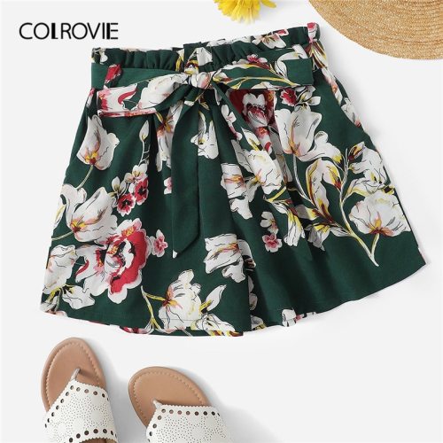 COLROVIE Green Self Tie Floral Print Elastic Waist Boho Summer Shorts Women 2019 Summer Wide Leg Belted Beach Casual Shorts