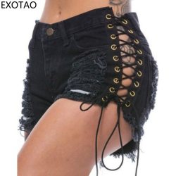 EXOTAO summer black lacing women's shorts ripped women's denim shorts sexy bandage high waist shorts ripped short pants women