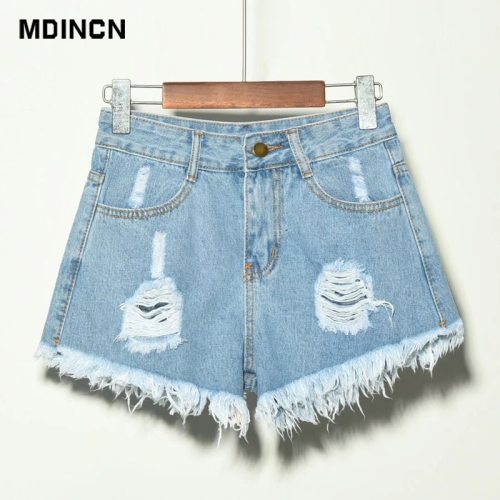 Europe Blue Crimping Hole Denim Shorts For Women Summer New Brand Trendy Slim Casual Plus Size Womens High Waist Shorts 6XL