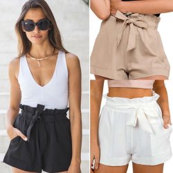 Fashion Women Sexy OL High Waist Empire Lace-up Drawstring Ruffles Solid Cotton Shorts Crepe Shorts Summer Beach Casual ShortS