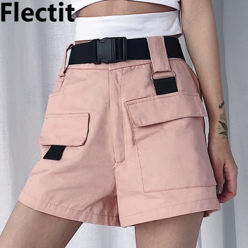 Flectit Summer Women Cargo Shorts Korean Fashion High Waist Mini Shorts with Pocket Buckle Belt Casual Ladies Shorts *