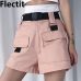 Flectit Summer Women Cargo Shorts Korean Fashion High Waist Mini Shorts with Pocket Buckle Belt Casual Ladies Shorts *