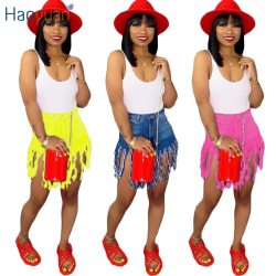 HAOYUAN Plus Size Tassel Casual Denim Shorts Women Elastic High Waist Short Jeans Summer Streetwear Neon Yellow Biker Shorts