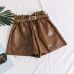 High Waist PU Leather Shorts Women Cool Punk Sashes Wide leg Shorts Spring Autumn Casual Loose Elastic Waist Leather Shorts 2019