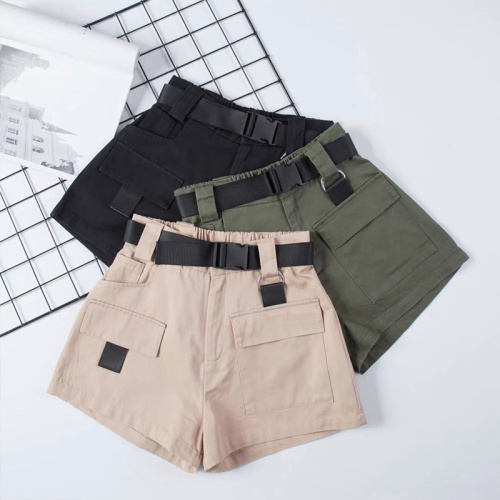 High Waist Wide Leg Cargo Women's Shorts Vintage Sashes Solid Khaki Pocket Women Shorts 2019 Summer Fashion NEW Casual Clothes