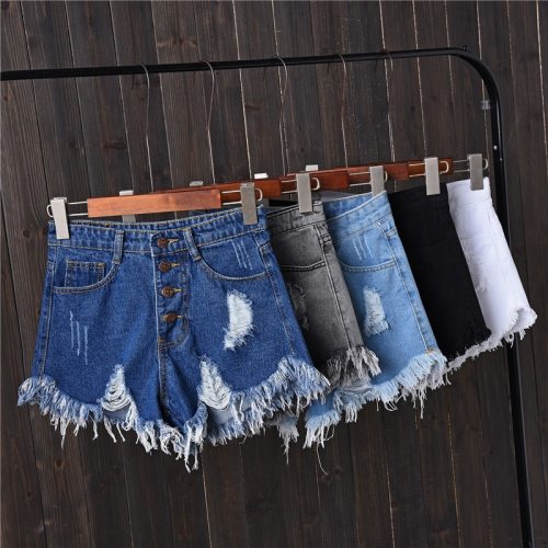 Jian Peng denim shorts womens tassel hole high waist summer short jeans four button shorts Women with S to 6XL plus size