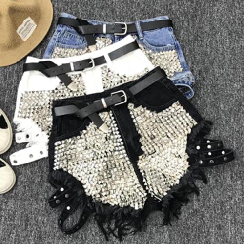 Rivet denim shorts 2019 summer spring women high waist loose tassel jeans shorts