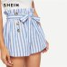 SHEIN Blue or Green Paper-bag Pleated Waist Buttoned Belt Knot Striped Shorts Women Summer Highstreet Preppy Casual Mini Shorts