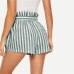 SHEIN Blue or Green Paper-bag Pleated Waist Buttoned Belt Knot Striped Shorts Women Summer Highstreet Preppy Casual Mini Shorts