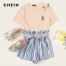 SHEIN Blue or Green Paper-bag Pleated Waist Buttoned Belt Knot Striped Shorts Women Summer Highstreet Preppy Casual Mini Shorts