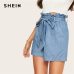 SHEIN Casual Blue Paperbag Waist Twin Pocket Patched Belted Denim Shorts Women Summer 2019 High Waist Wide Leg Solid Shorts