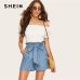 SHEIN Casual Blue Paperbag Waist Twin Pocket Patched Belted Denim Shorts Women Summer 2019 High Waist Wide Leg Solid Shorts