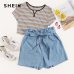 SHEIN Casual Blue Paperbag Waist Twin Pocket Patched Belted Denim Shorts Women Summer 2019 High Waist Wide Leg Solid Shorts