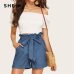 SHEIN Casual Blue Paperbag Waist Twin Pocket Patched Belted Denim Shorts Women Summer 2019 High Waist Wide Leg Solid Shorts