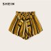 SHEIN Paperbag Waist Self Belted Striped Shorts 2019 Summer Elastic Waist Shorts Boho Ginger High Waist Culottes Shorts