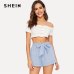 SHEIN Self Belted Elastic Waist Shorts Fitness Swish Women Army Green Solid Mid Waist Shorts 2019 Fashion Summer Shorts