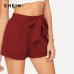 SHEIN Self Belted Elastic Waist Shorts Fitness Swish Women Army Green Solid Mid Waist Shorts 2019 Fashion Summer Shorts