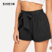 SHEIN Self Belted Elastic Waist Shorts Fitness Swish Women Army Green Solid Mid Waist Shorts 2019 Fashion Summer Shorts