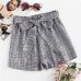 Sheinside Self Tie Waist Plaid Shorts Summer Mid Waist Straight Leg Shorts Women Elastic Waist Office Ladies Elegant Shorts