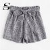 Sheinside Self Tie Waist Plaid Shorts Summer Mid Waist Straight Leg Shorts Women Elastic Waist Office Ladies Elegant Shorts