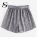 Sheinside Self Tie Waist Plaid Shorts Summer Mid Waist Straight Leg Shorts Women Elastic Waist Office Ladies Elegant Shorts