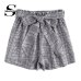 Sheinside Self Tie Waist Plaid Shorts Summer Mid Waist Straight Leg Shorts Women Elastic Waist Office Ladies Elegant Shorts