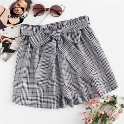 Sheinside Self Tie Waist Plaid Shorts Summer Mid Waist Straight Leg Shorts Women Elastic Waist Office Ladies Elegant Shorts