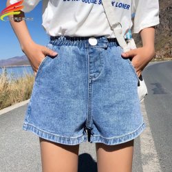 Streetwear Summer Women Denim Shorts 2019 New Arrival High Elastic Waist Wide Leg Shorts Jeans Black Blue White Pink Short Femme