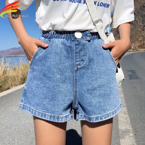 Streetwear Summer Women Denim Shorts 2019 New Arrival High Elastic Waist Wide Leg Shorts Jeans Black Blue White Pink Short Femme