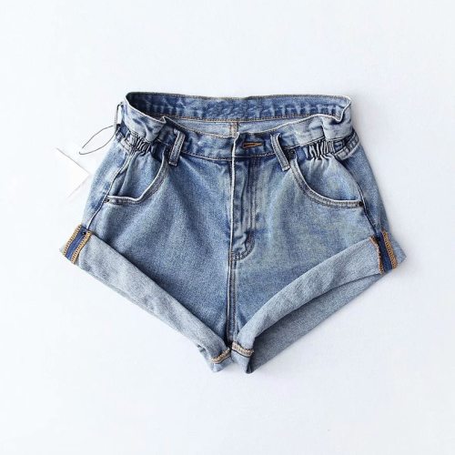 Summer 2019 women Pleat curling shorts denim hot shorts female denim casual shorts  High waist Split Hem denim shorts for women