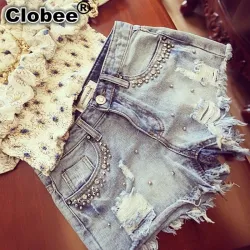 Summer Beaded Denim Shorts Female   Plus Size S~2XL Vintage Women Jeans Shorts Tassel Denim Shorts High Quality Wash Jeans