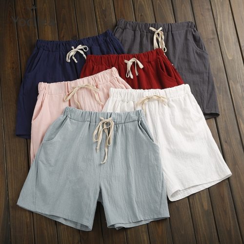 Summer Shorts Women Cotton Linen Shorts Trousers feminino Women's Elastic Wasit Home Loose Casual Shorts plus size with Pocket