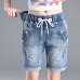 Summer denim shorts  five points jeans shorts female elastic waist plus size fashion casual loose hole denim shorts with pockets