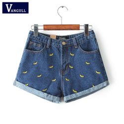 Vangull Fashion women Korean summer banana flower embroidery cotton curling plus size casual female waist denim shorts