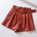 Women Black Orange Color PU Leather High Waist with Belt Wide Leg Faux Leather Shorts High Quality Winter Loose PU Shorts