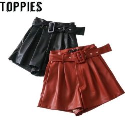 Women Black Orange Color PU Leather High Waist with Belt Wide Leg Faux Leather Shorts High Quality Winter Loose PU Shorts