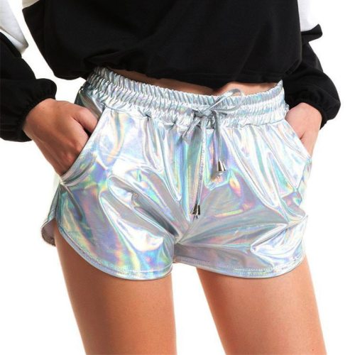 Women Shiny Metallic Hot Shorts 2019 Summer Holographic Wet Look Casual Elastic Drawstring Festival Rave Booty Shorts