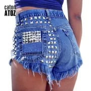 catonATOZ 1993 Women's  Fashion Brand Vintage Tassel Rivet Ripped High Waisted Short Jeans Punk Sexy Hot Woman Denim Shorts