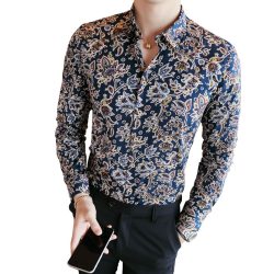 2019 Men's Shirts Retro Floral Printed Man Casual Slim Shirt Fashion Classic Men Dress Shirt  Men's Long Sleeve Brand Clothing