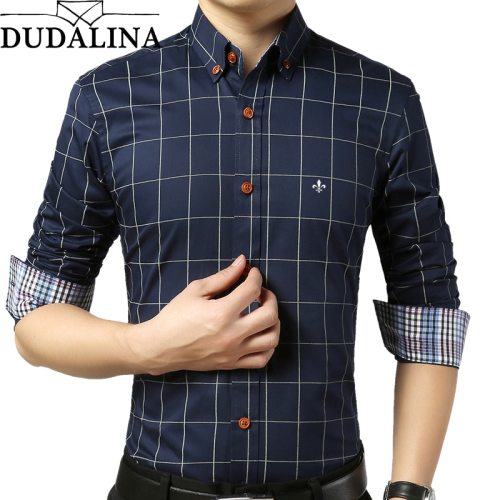 DUDALINA Shirt Male Plaid Without Pocket Men Clothes Slim Fit Men Long Sleeve Shirt Men Casual Men Shirt Social Plus Size M-5XL