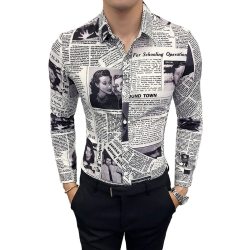 Fashion Casual Men's Long-sleeved Shirt Spring And Autumn New M-5XL Printing Newspaper Slim Shirt Personality Youth Popular