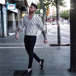 Fashion Men Slim Fit V-Neck Long Sleeve Muscle Shirt Casual Tops Trendy Vertical Striped Shirt Streetwear Cemebrities Same Style