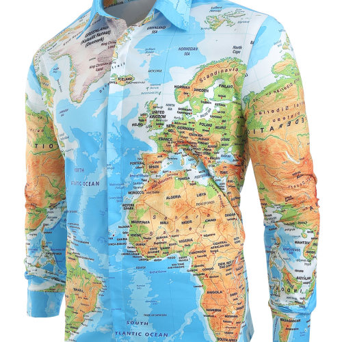 Hemiks Men Shirt World Map Print Hidden Button Slim Fit shirts Long Sleeve Lapel Casual Shirts Men Dress Camisa Masculina