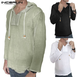 INCERUN Casual Men Shirt Hooded Long Sleeve Cotton Solid Vintage Shirts Men Streetwear Tops camisa masculina S-3XL Autumn 2019