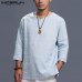 INCERUN Chinese Style Mens Shirts Long Sleeve Folded V Neck Plain Tee Shirt Loose Fit Cotton Tops Man Camisas Masculina Clothing